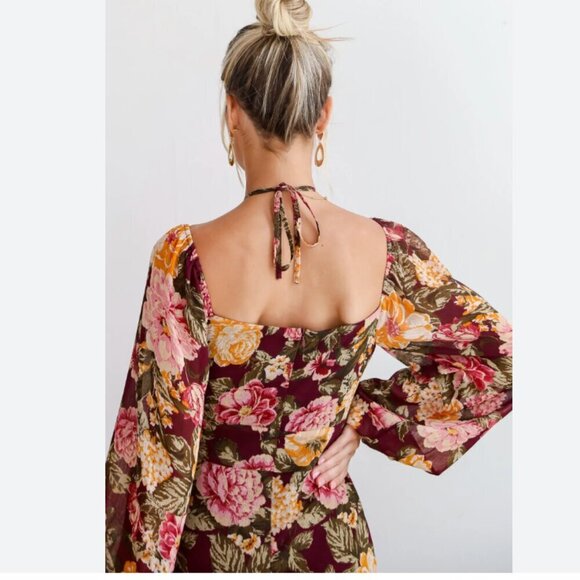 En Crème Floral Maxi Dress Boho Cutout Long Sleeve Halter Burgundy Yellow M NWT - Picture 6 of 12